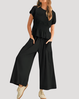 Lillian | Damen Kurzarm Zweiteiler Set Weite Hose in Schwarz
