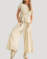 Lillian | Damen Kurzarm Zweiteiler Set Weite Hose in Aprikose