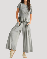 Lillian | Damen Kurzarm Zweiteiler Set Weite Hose in Grau