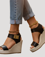 Linnea | Damen Plateau Sandalen mit Keilabsatz und Knöchelriemen in Schwarz