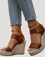 Linnea | Damen Plateau Sandalen mit Keilabsatz und Knöchelriemen in Braun