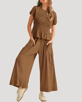Lirette | Damen Zweiteiler Peplum Top Weite Hose Set in Braun