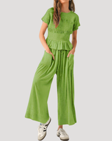Lirette | Damen Zweiteiler Peplum Top Weite Hose Set in Grün