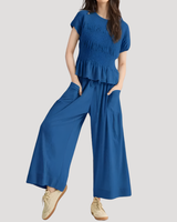 Lirette | Damen Zweiteiler Peplum Top Weite Hose Set in Blau