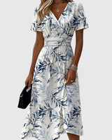 Lorelei | Damen Wickelkleid Blätterprint Midi Kleid in Weiß