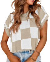 Lotta – Karierter Strick-Crop-Top mit Oversized-Kästchenmuster in Aprikose