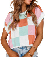 Lotta – Karierter Strick-Crop-Top mit Oversized-Kästchenmuster in Rosa Orange