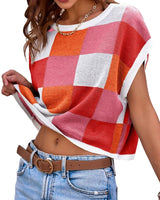 Lotta – Karierter Strick-Crop-Top mit Oversized-Kästchenmuster in Rosa Rot