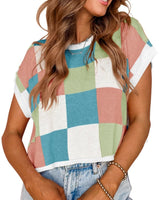 Lotta – Karierter Strick-Crop-Top mit Oversized-Kästchenmuster in Blau