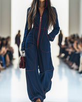 Lucasta | Damen Overall mit Weitem Bein und Langarm in Dunkelblau