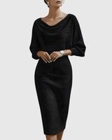 Lucinda | Damen Wasserfallkragen Midi Kleid in Schwarz