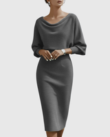 Lucinda | Damen Wasserfallkragen Midi Kleid in Grau