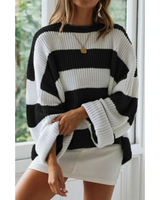 Luise | Damen Langarm Strickpullover mit Streifen und Oversized Schnitt in Schwarz