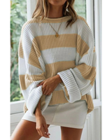 Luise | Damen Langarm Strickpullover mit Streifen und Oversized Schnitt in Khaki