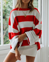 Luise | Damen Langarm Strickpullover mit Streifen und Oversized Schnitt in Rot