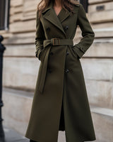 Gabriela | Damen Winter Lange Trenchcoat mit Gürtel in Olivgrün