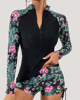 Lysandra | Damen Langarm Blumen Badeanzug Set in Rosa