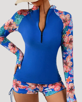 Lysandra | Damen Langarm Blumen Badeanzug Set in Blau