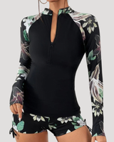 Lysandra | Damen Langarm Blumen Badeanzug Set in Grün
