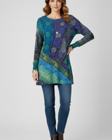 Magdalena | Damen Langarm Tunika mit Patchwork Muster in Blau