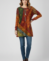 Magdalena | Damen Langarm Tunika mit Patchwork Muster in Grün
