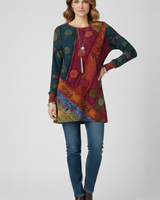 Magdalena | Damen Langarm Tunika mit Patchwork Muster in Rot