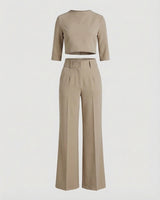Maiken | Damen Zweiteiler Crop Top Weite Hose Set in Khaki