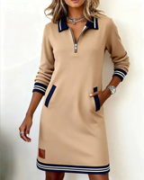 Mara | Damen Langarm Midikleid mit Kragen und Taschen in Beige