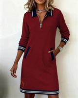 Mara | Damen Langarm Midikleid mit Kragen und Taschen in Rot