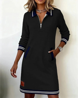Mara | Damen Langarm Midikleid mit Kragen und Taschen in Schwarz