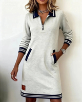 Mara | Damen Langarm Midikleid mit Kragen und Taschen in Grau