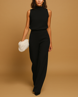 Marceline | Damen Ärmellos Stehkragen Weites Bein Jumpsuit in Schwarz