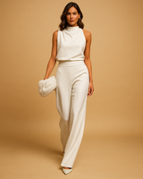Marceline | Damen Ärmellos Stehkragen Weites Bein Jumpsuit in Weiß
