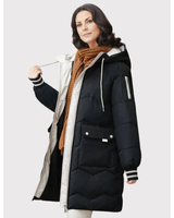 Margarete | Damen Winterjacke mit Kapuze, Langer Stepp Optik und Reißverschluss in Schwarz