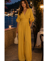 Marietta | Damen Retro Jumpsuit mit V Ausschnitt und Bund in Gelb