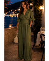 Marietta | Damen Retro Jumpsuit mit V Ausschnitt und Bund in Olivgrün