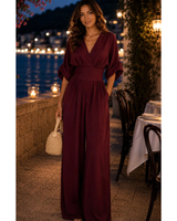 Marietta | Damen Retro Jumpsuit mit V Ausschnitt und Bund in Weinrot