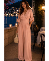 Marietta | Damen Retro Jumpsuit mit V Ausschnitt und Bund in Rosa