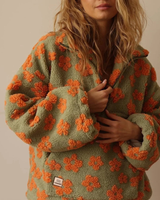 Marlene | Damen Pullover mit Blumen und Reißverschluss in Orange