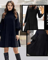 Marlene | Damen Kleid Stehkragen Laternenärmel Plus-Size in Schwarz