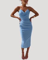 Marlies | Damen Schulterfreies Geraftes Midikleid in Blau