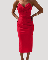Marlies | Damen Schulterfreies Geraftes Midikleid in Rot