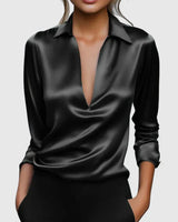 Marlies | Damen V-Ausschnitt Langarm Bluse in Schwarz