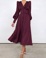 Marlina | Damen V-Ausschnitt Langarm Midikleid in Bordeaux