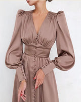 Marlina | Damen V-Ausschnitt Langarm Midikleid in Khaki
