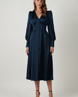 Marlina | Damen V-Ausschnitt Langarm Midikleid in Blau