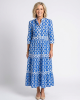 Marta | Damen Kettenmuster 3/4 Ärmel Maxi Kleid in Blau