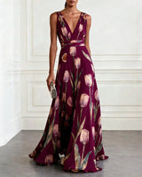 Mathilde | Damen V-Ausschnitt Maxikleid Blumenmuster in Burgunder