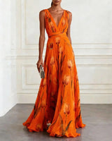 Mathilde | Damen V-Ausschnitt Maxikleid Blumenmuster in Orange