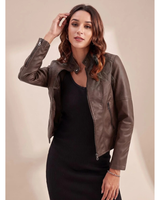 Mavie | Damen Bikerjacke aus Kunstleder mit Stehkragen und Reißverschluss in Dunkelbraun